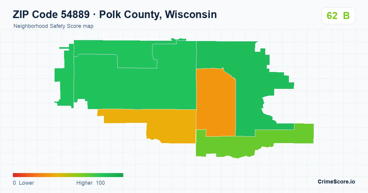 ZIP Code 54889 in Polk County, Wisconsin neighborhood Safety Score map