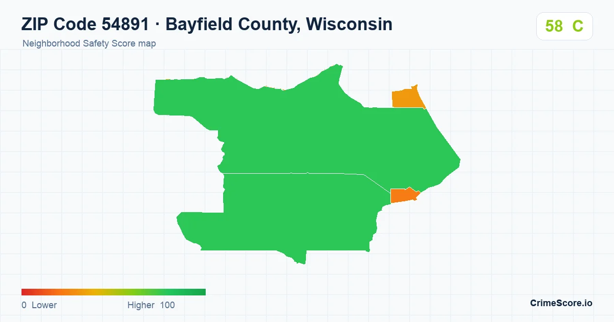 ZIP Code 54891 in Bayfield County, Wisconsin neighborhood Safety Score map