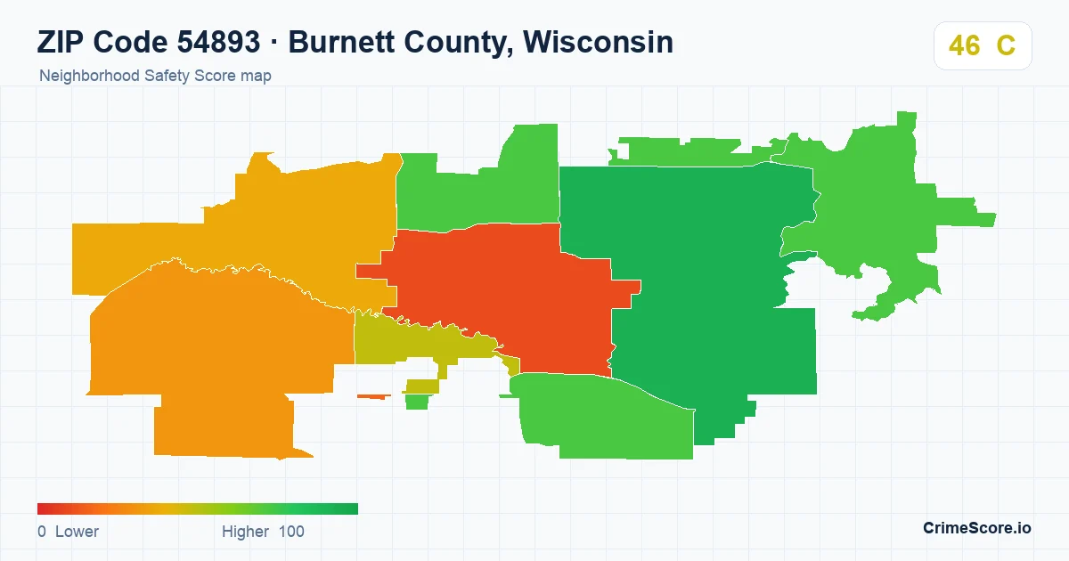 ZIP Code 54893 in Burnett County, Wisconsin neighborhood Safety Score map
