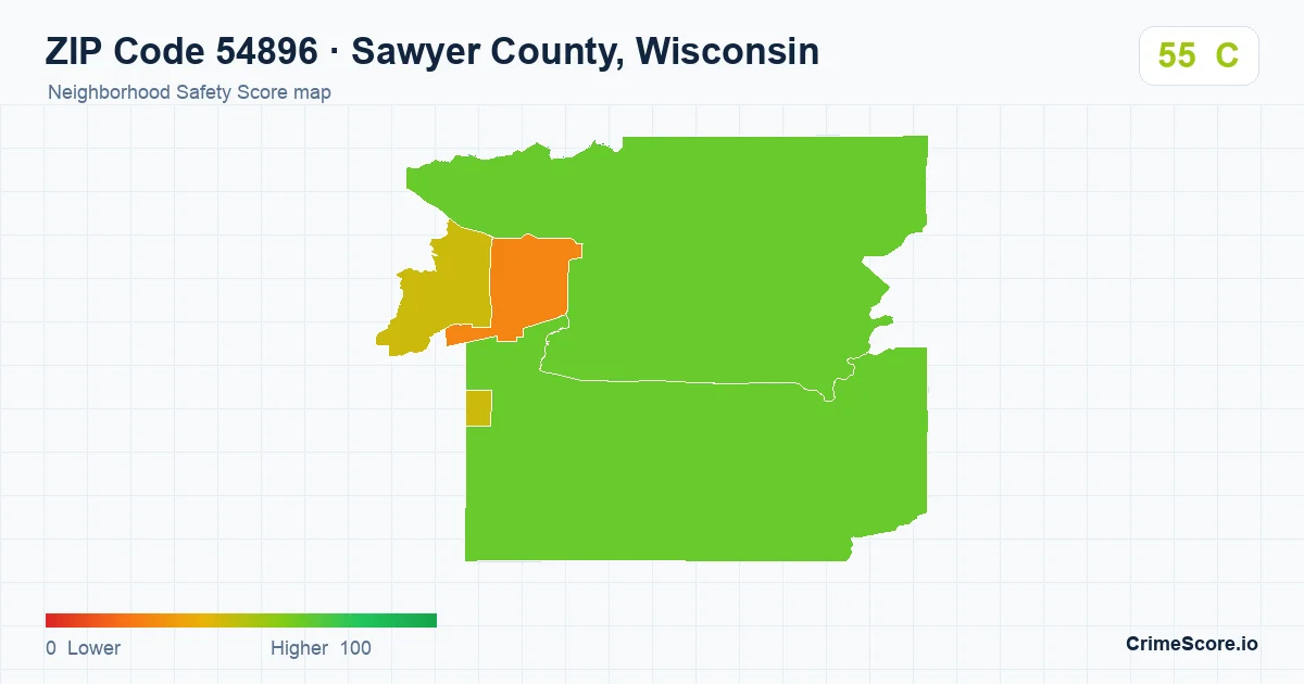ZIP Code 54896 in Sawyer County, Wisconsin neighborhood Safety Score map