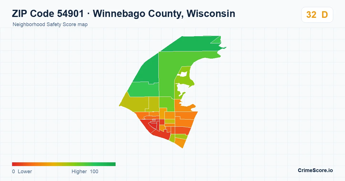 ZIP Code 54901 in Winnebago County, Wisconsin neighborhood Safety Score map