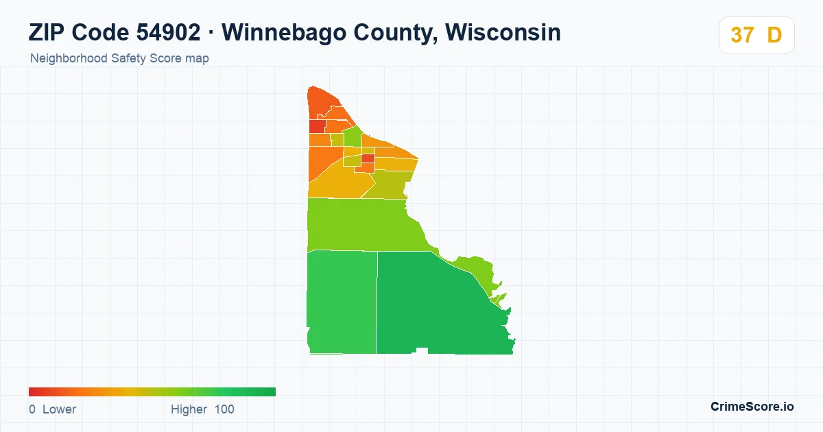 ZIP Code 54902 in Winnebago County, Wisconsin neighborhood Safety Score map