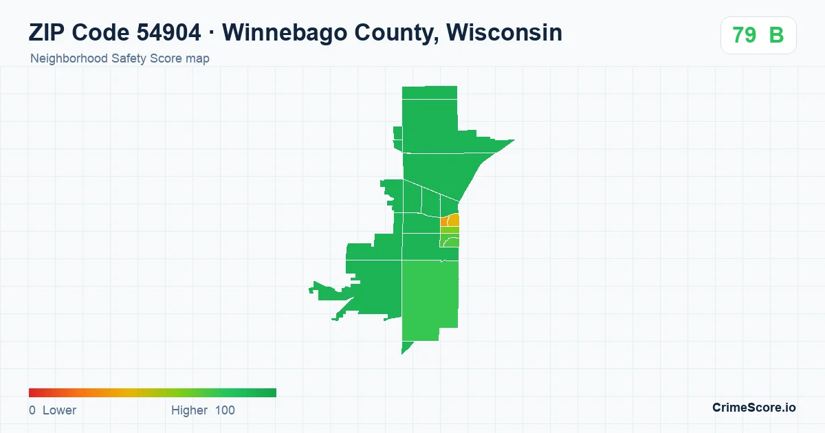 ZIP Code 54904 in Winnebago County, Wisconsin neighborhood Safety Score map