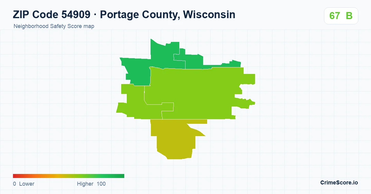 ZIP Code 54909 in Portage County, Wisconsin neighborhood Safety Score map