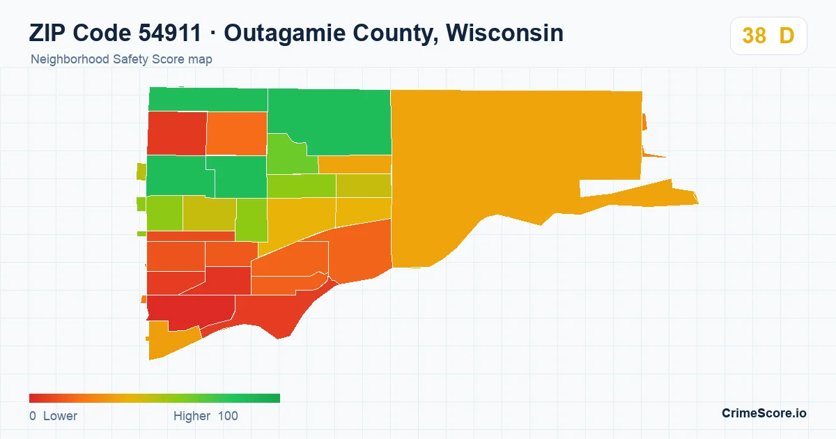 ZIP Code 54911 in Outagamie County, Wisconsin neighborhood Safety Score map