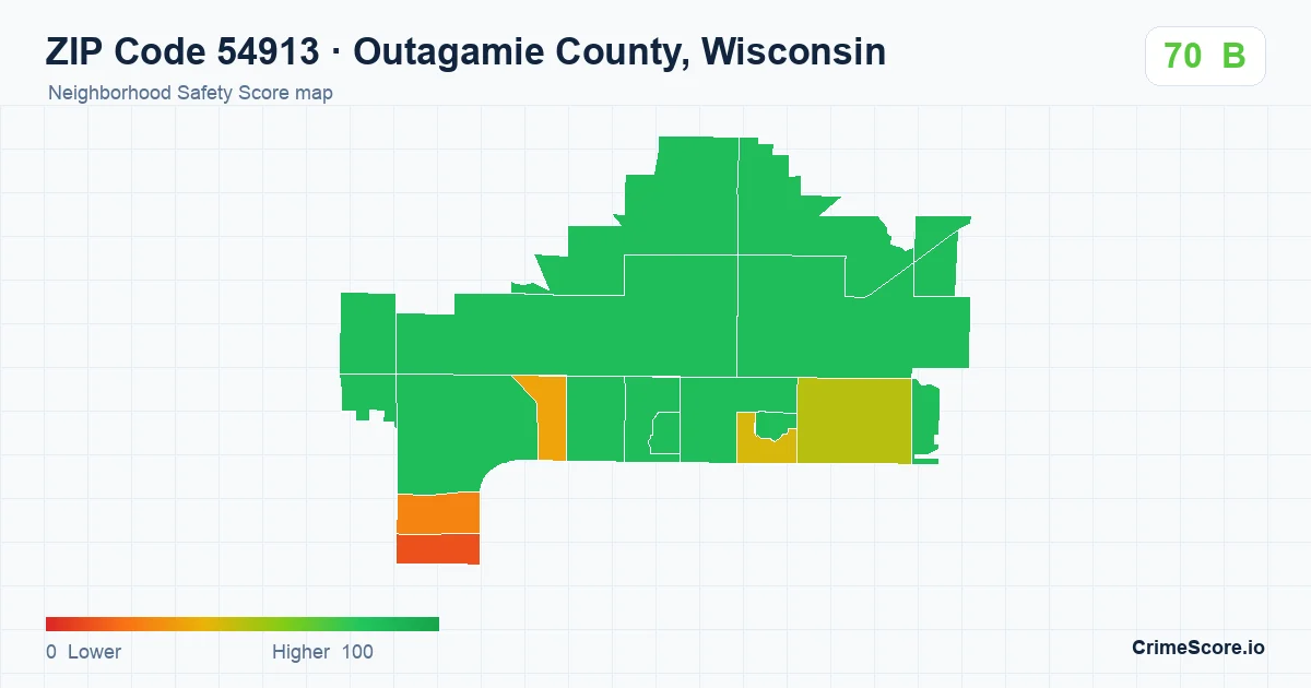 ZIP Code 54913 in Outagamie County, Wisconsin neighborhood Safety Score map