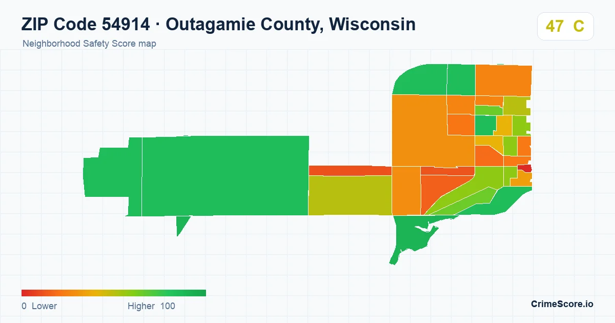 ZIP Code 54914 in Outagamie County, Wisconsin neighborhood Safety Score map