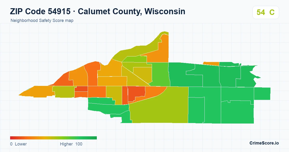 ZIP Code 54915 in Calumet County, Wisconsin neighborhood Safety Score map