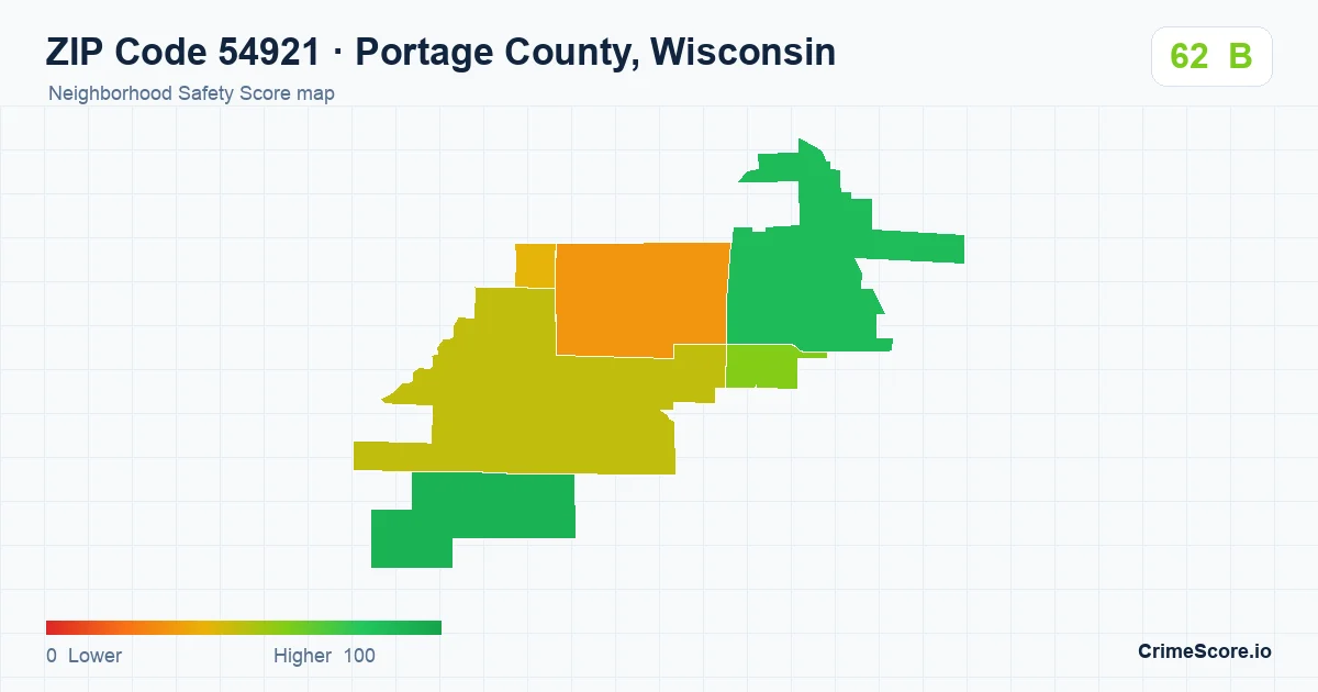 ZIP Code 54921 in Portage County, Wisconsin neighborhood Safety Score map