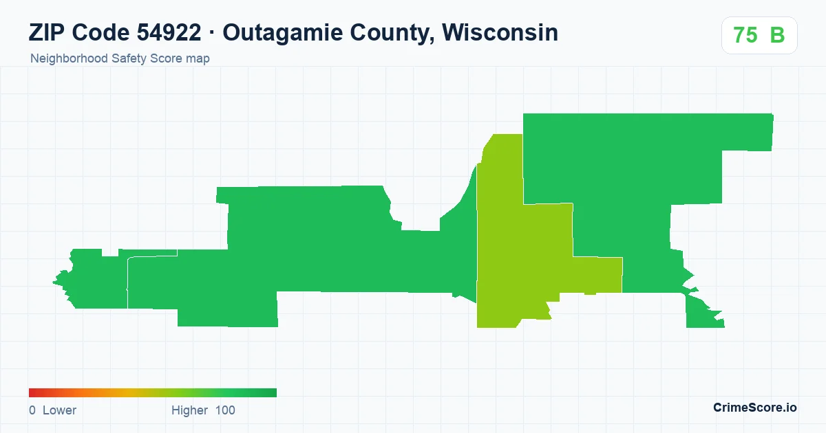 ZIP Code 54922 in Outagamie County, Wisconsin neighborhood Safety Score map