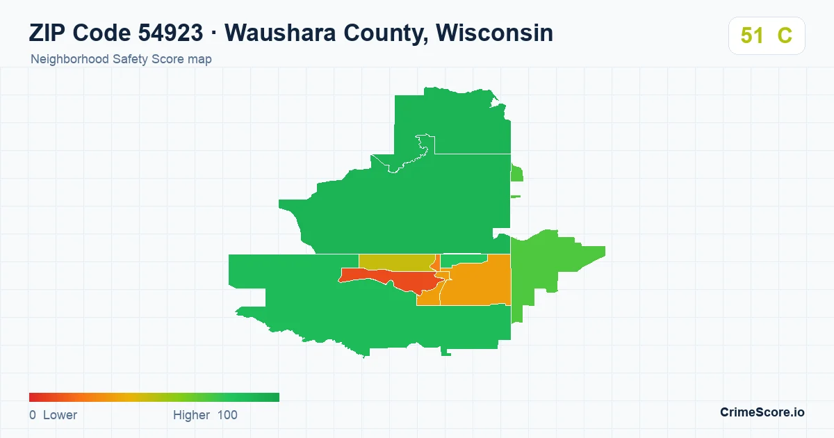 ZIP Code 54923 in Waushara County, Wisconsin neighborhood Safety Score map