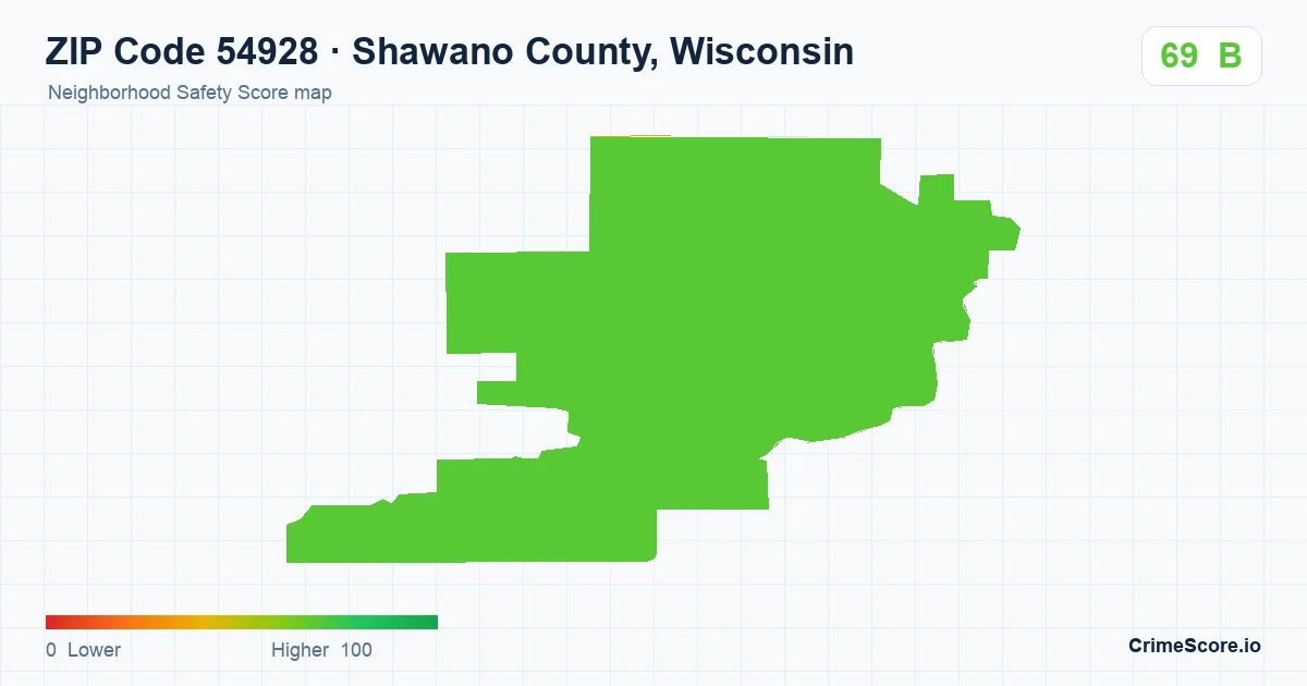ZIP Code 54928 in Shawano County, Wisconsin neighborhood Safety Score map