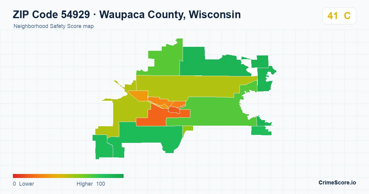 ZIP Code 54929 in Waupaca County, Wisconsin neighborhood Safety Score map