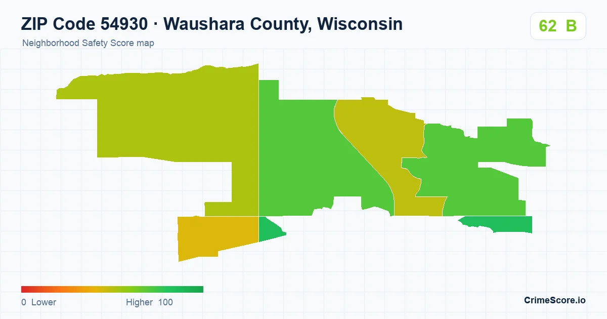 ZIP Code 54930 in Waushara County, Wisconsin neighborhood Safety Score map