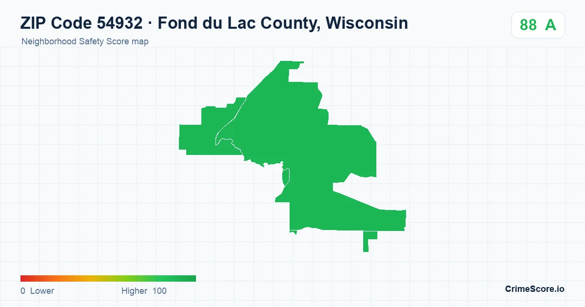 ZIP Code 54932 in Fond du Lac County, Wisconsin neighborhood Safety Score map