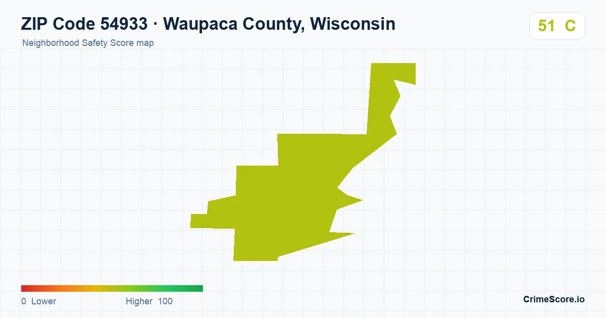 ZIP Code 54933 in Waupaca County, Wisconsin neighborhood Safety Score map