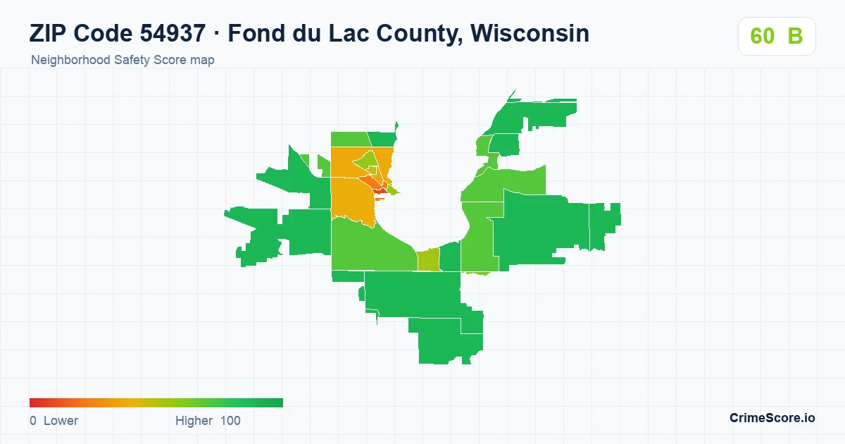 ZIP Code 54937 in Fond du Lac County, Wisconsin neighborhood Safety Score map