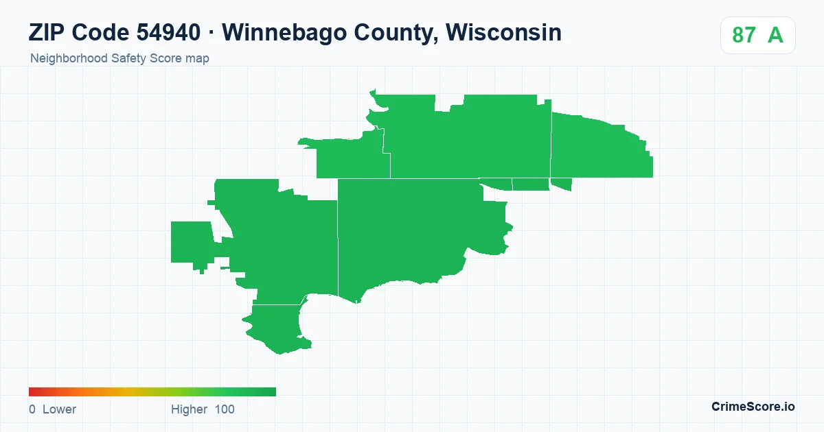 ZIP Code 54940 in Winnebago County, Wisconsin neighborhood Safety Score map