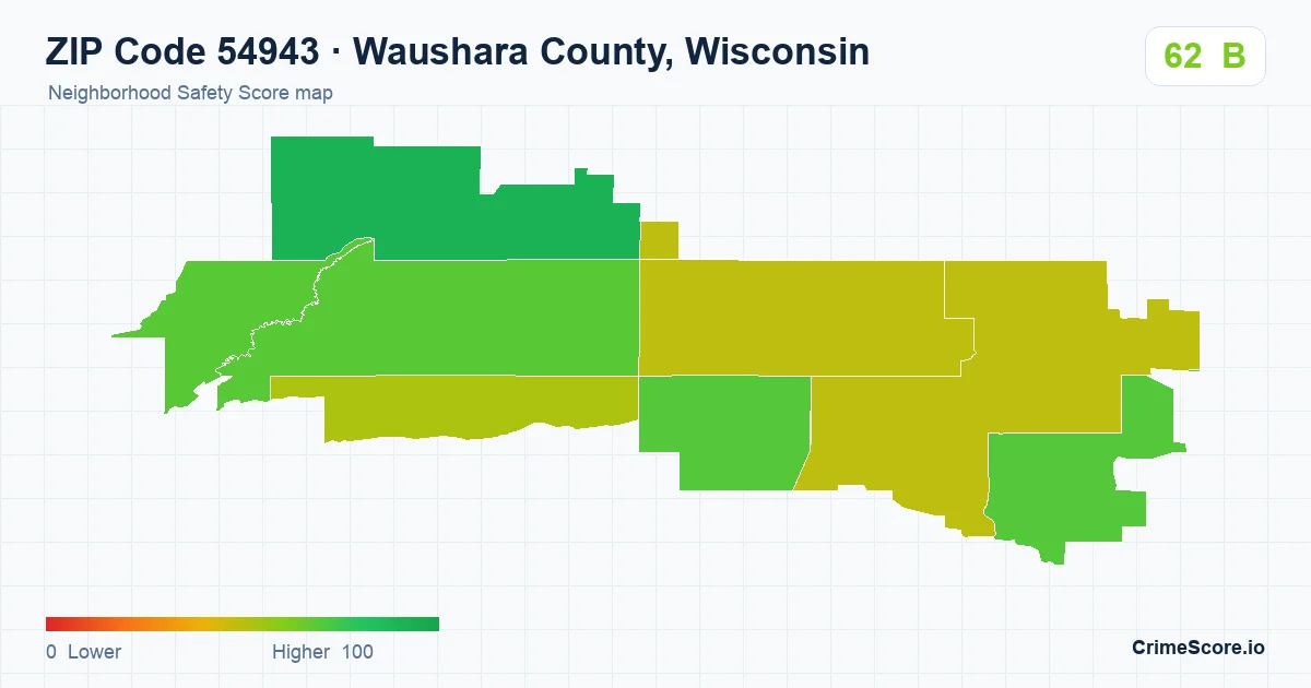 ZIP Code 54943 in Waushara County, Wisconsin neighborhood Safety Score map