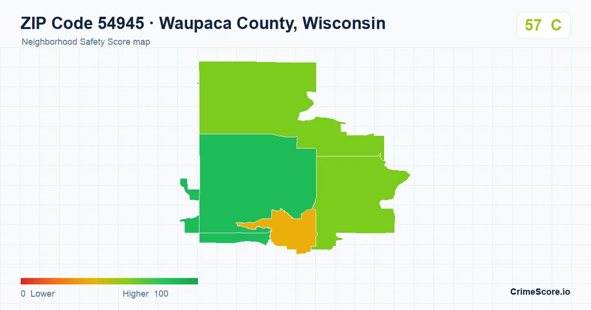 ZIP Code 54945 in Waupaca County, Wisconsin neighborhood Safety Score map
