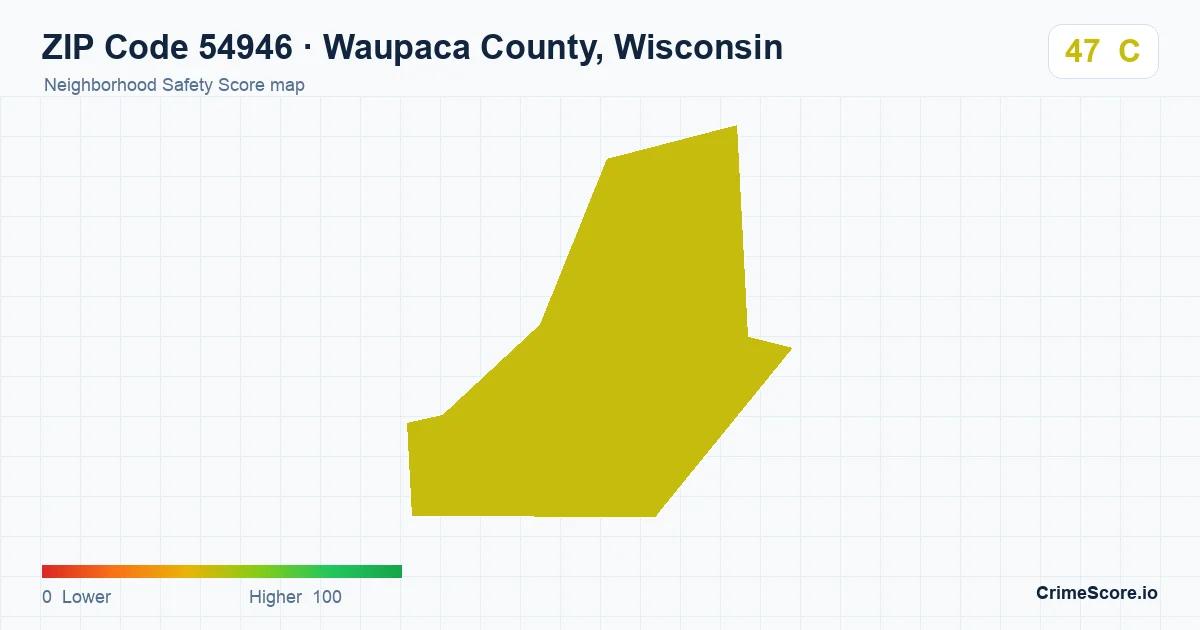 ZIP Code 54946 in Waupaca County, Wisconsin neighborhood Safety Score map