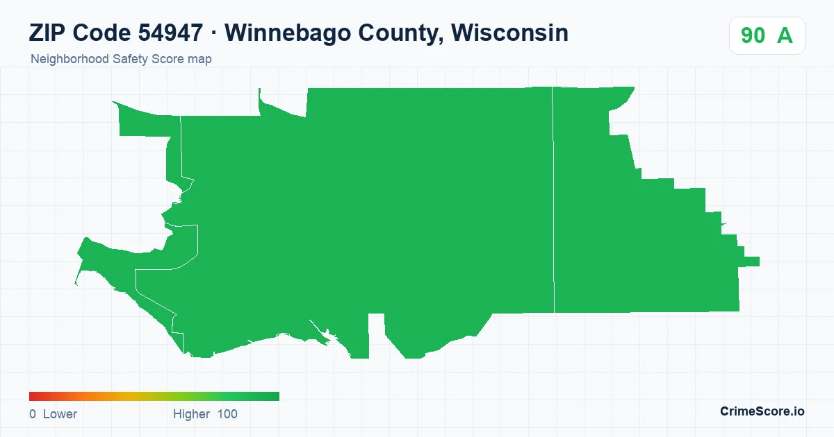ZIP Code 54947 in Winnebago County, Wisconsin neighborhood Safety Score map