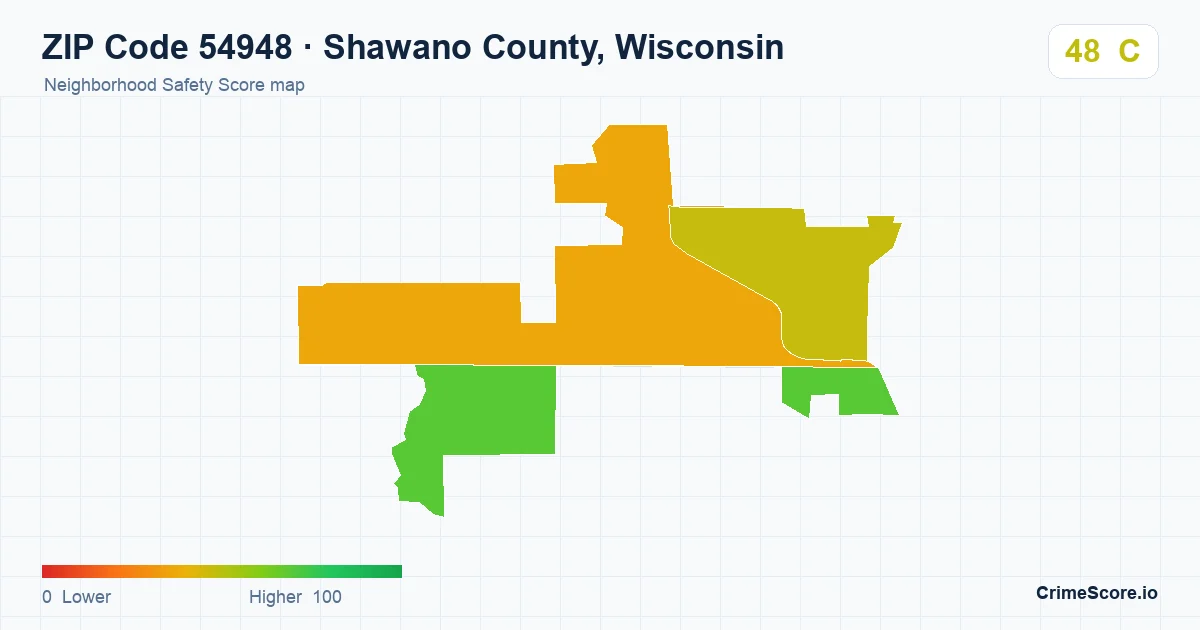 ZIP Code 54948 in Shawano County, Wisconsin neighborhood Safety Score map