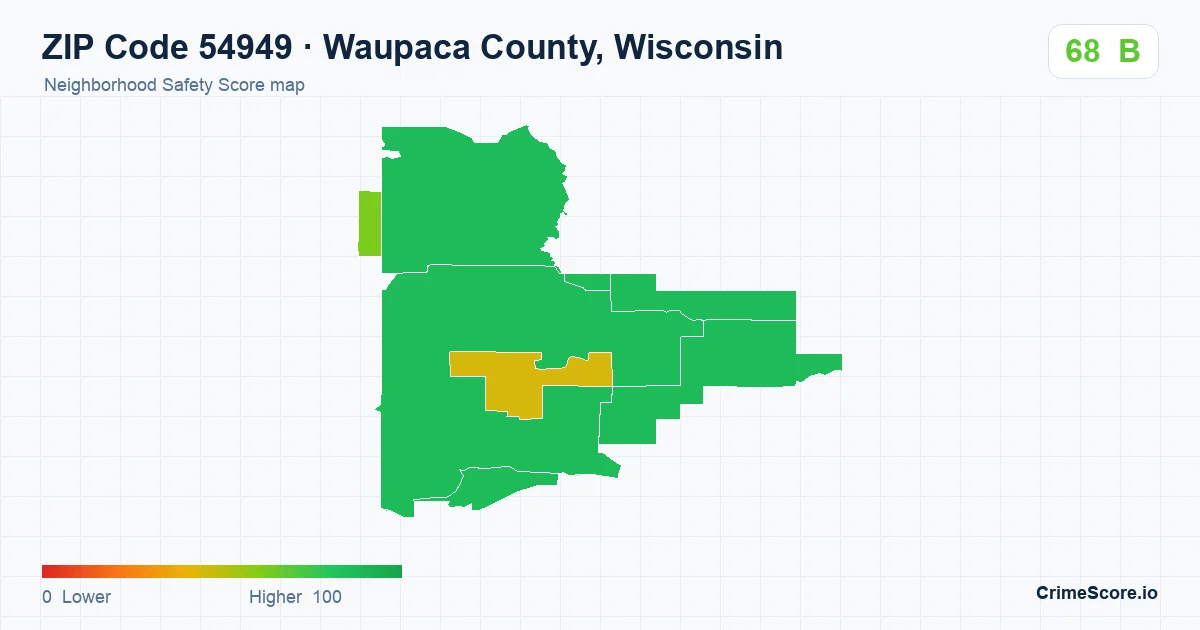 ZIP Code 54949 in Waupaca County, Wisconsin neighborhood Safety Score map