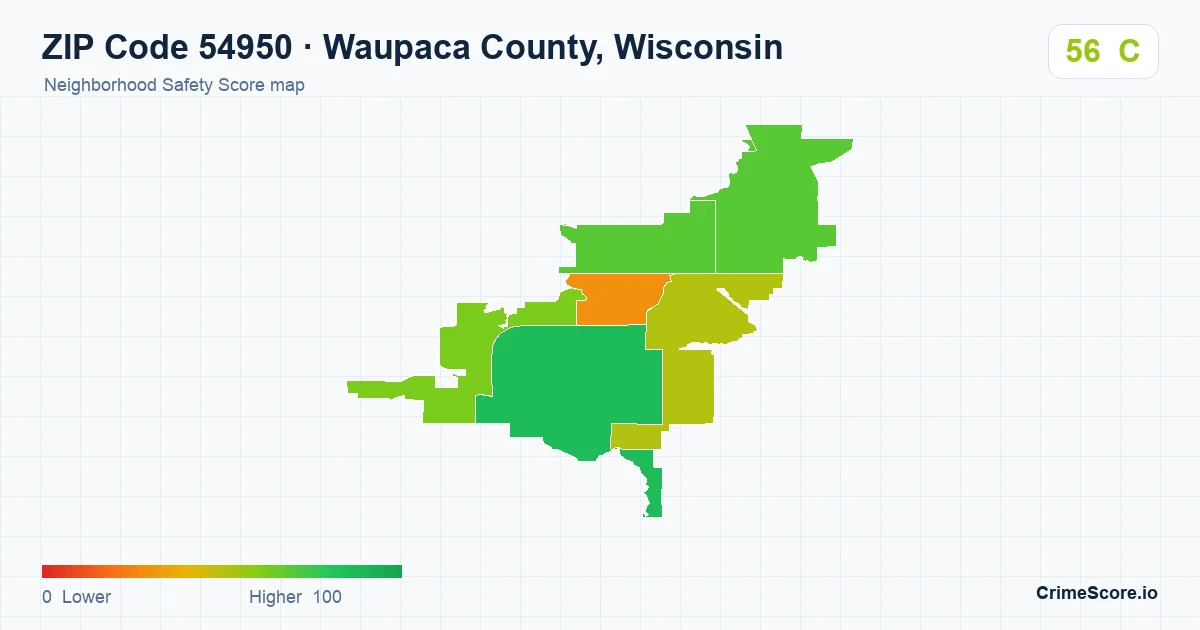 ZIP Code 54950 in Waupaca County, Wisconsin neighborhood Safety Score map