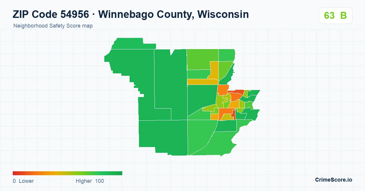 ZIP Code 54956 in Winnebago County, Wisconsin neighborhood Safety Score map
