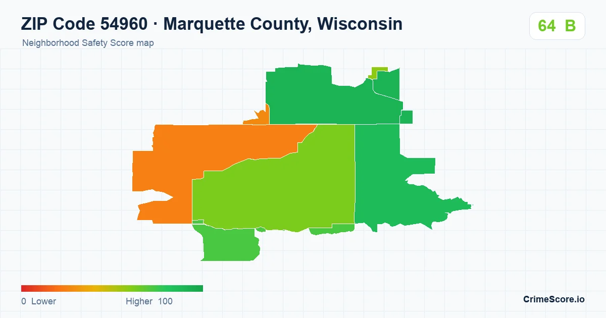 ZIP Code 54960 in Marquette County, Wisconsin neighborhood Safety Score map