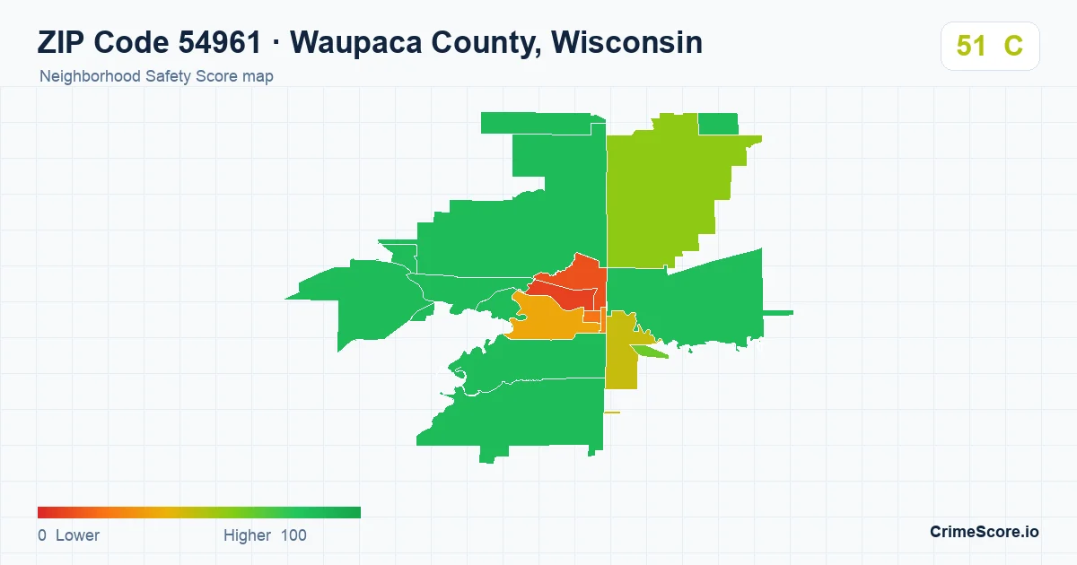 ZIP Code 54961 in Waupaca County, Wisconsin neighborhood Safety Score map
