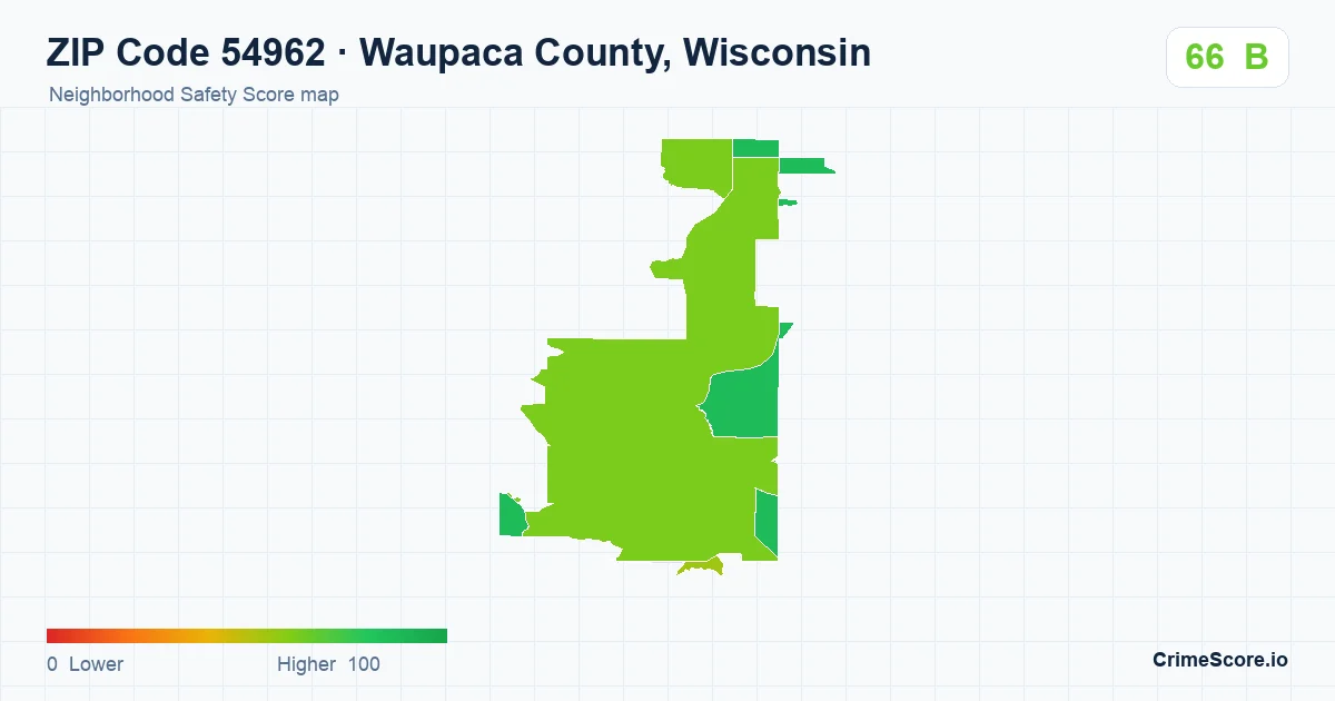 ZIP Code 54962 in Waupaca County, Wisconsin neighborhood Safety Score map