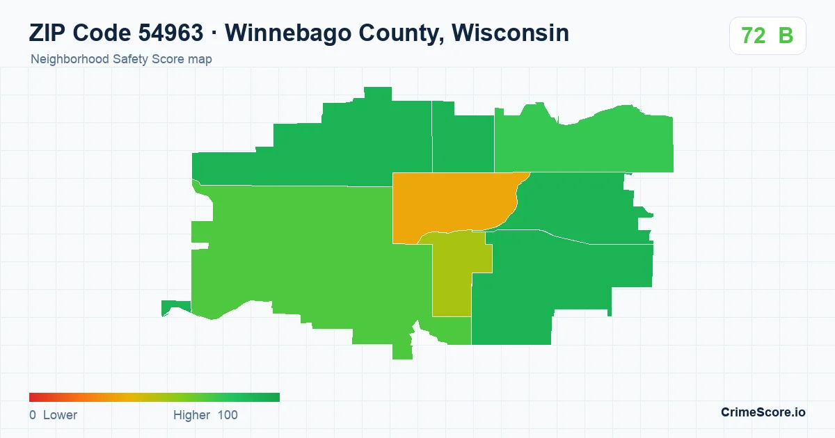 ZIP Code 54963 in Winnebago County, Wisconsin neighborhood Safety Score map