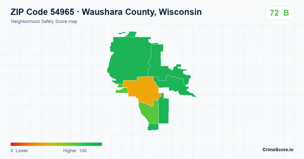 ZIP Code 54965 in Waushara County, Wisconsin neighborhood Safety Score map