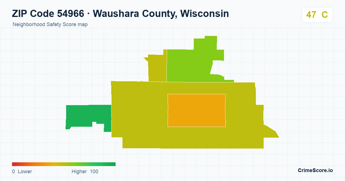 ZIP Code 54966 in Waushara County, Wisconsin neighborhood Safety Score map