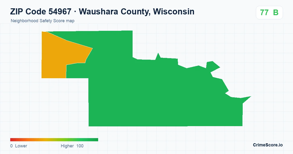 ZIP Code 54967 in Waushara County, Wisconsin neighborhood Safety Score map