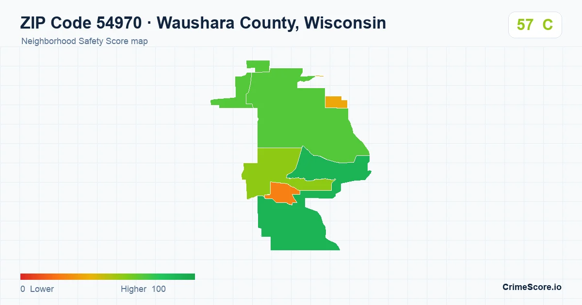 ZIP Code 54970 in Waushara County, Wisconsin neighborhood Safety Score map