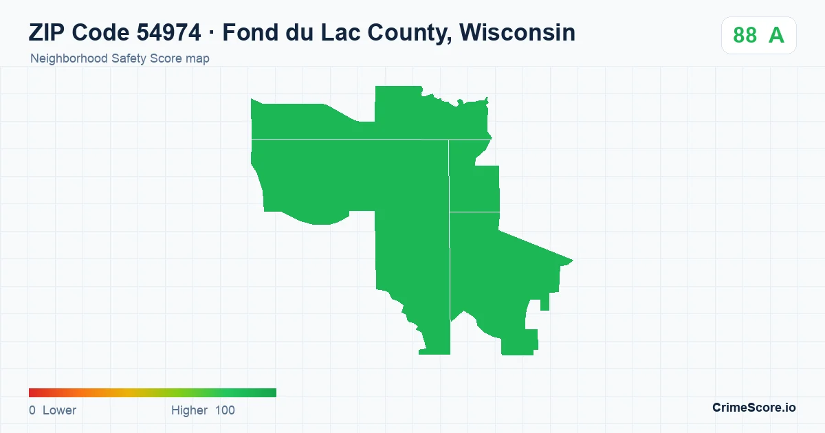 ZIP Code 54974 in Fond du Lac County, Wisconsin neighborhood Safety Score map