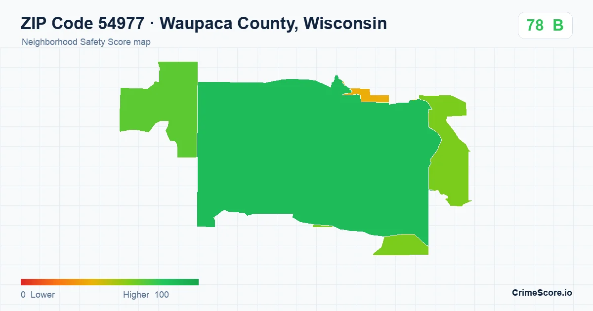 ZIP Code 54977 in Waupaca County, Wisconsin neighborhood Safety Score map
