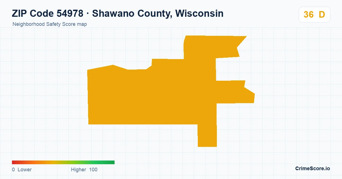 ZIP Code 54978 in Shawano County, Wisconsin neighborhood Safety Score map