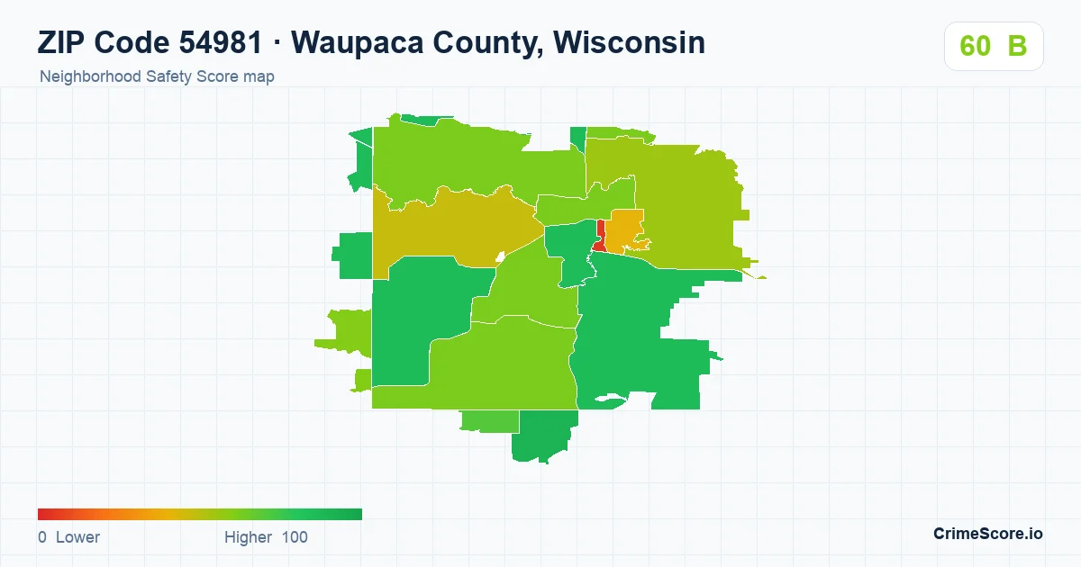 ZIP Code 54981 in Waupaca County, Wisconsin neighborhood Safety Score map