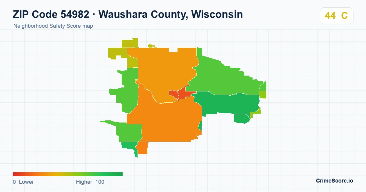 ZIP Code 54982 in Waushara County, Wisconsin neighborhood Safety Score map