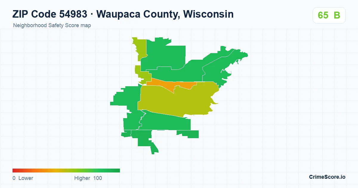 ZIP Code 54983 in Waupaca County, Wisconsin neighborhood Safety Score map