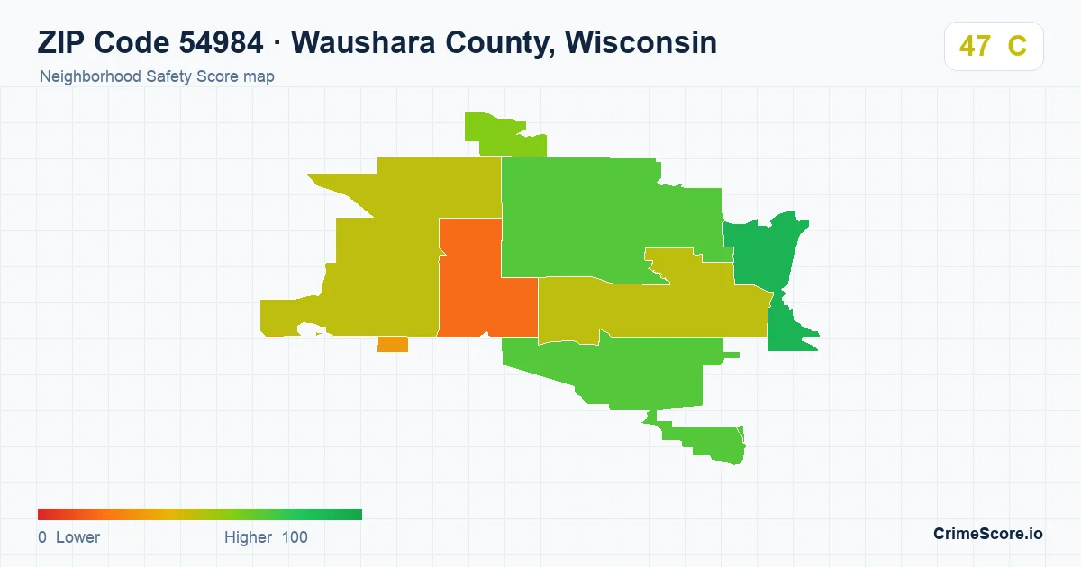 ZIP Code 54984 in Waushara County, Wisconsin neighborhood Safety Score map