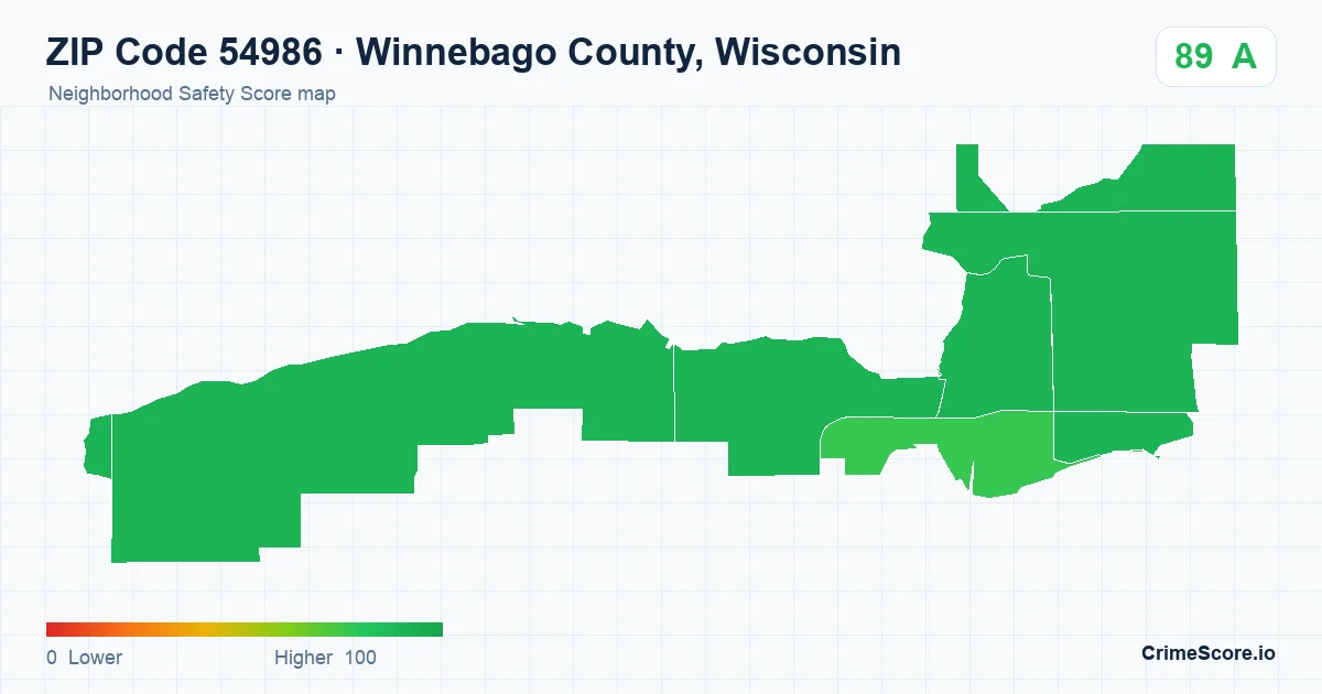 ZIP Code 54986 in Winnebago County, Wisconsin neighborhood Safety Score map