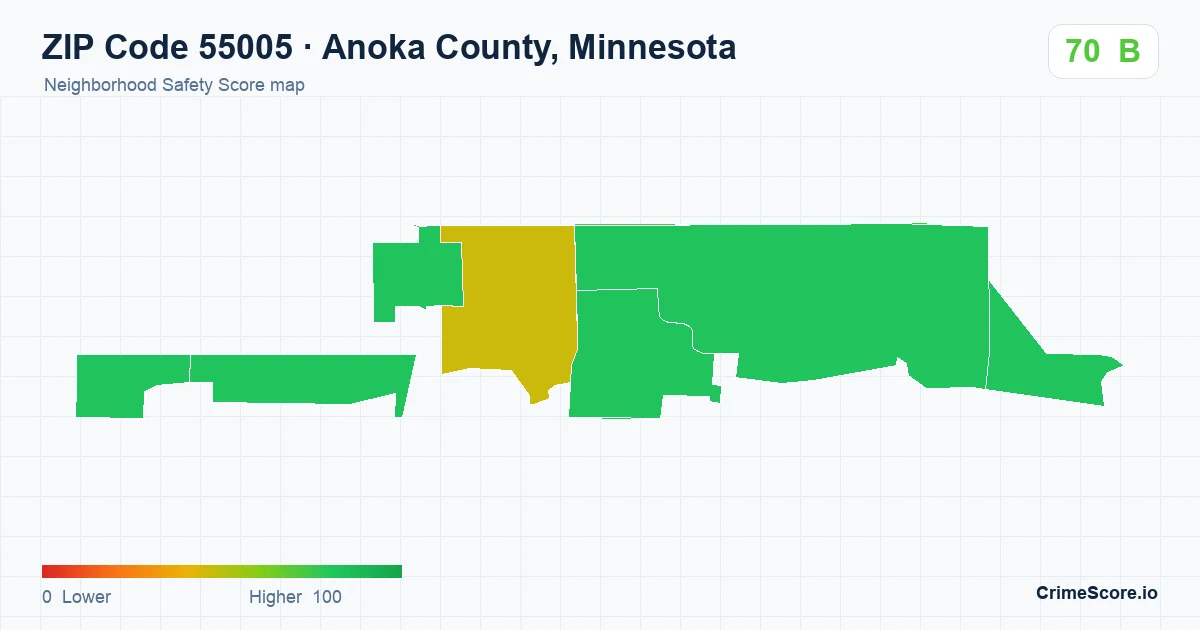 ZIP Code 55005 in Anoka County, Minnesota neighborhood Safety Score map