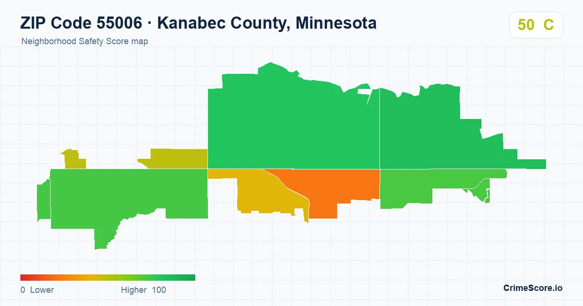 ZIP Code 55006 in Kanabec County, Minnesota neighborhood Safety Score map