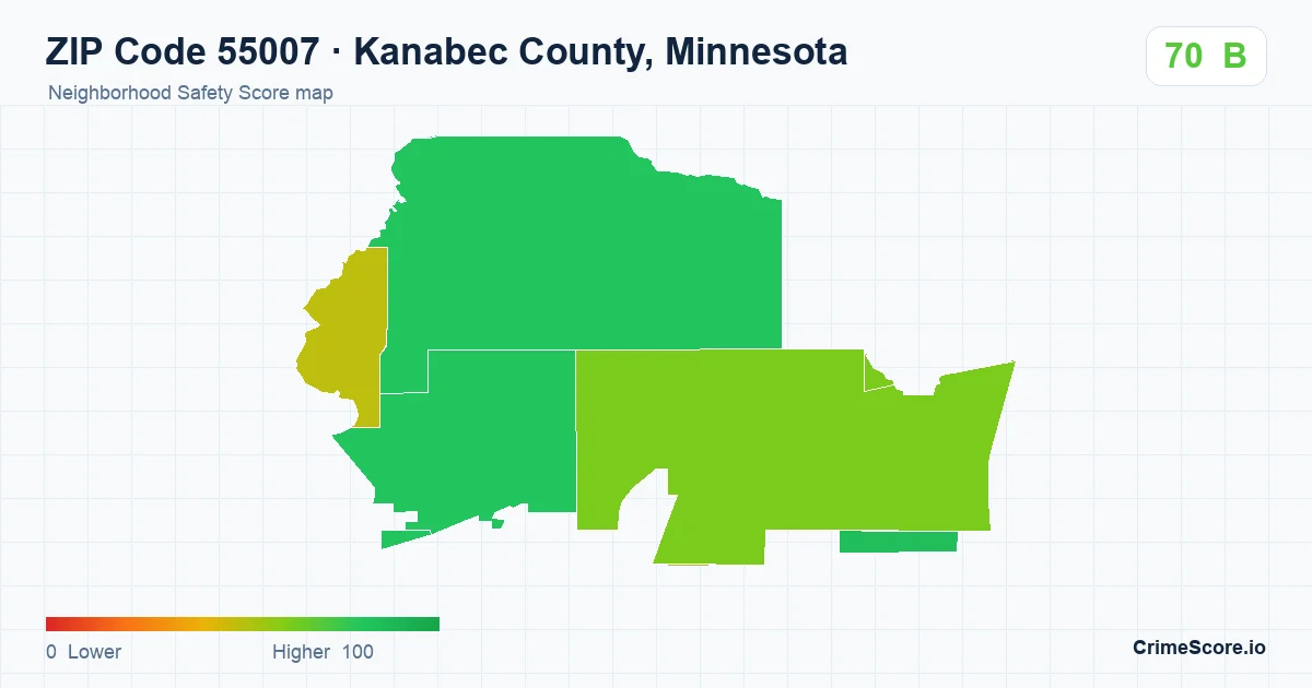 ZIP Code 55007 in Kanabec County, Minnesota neighborhood Safety Score map