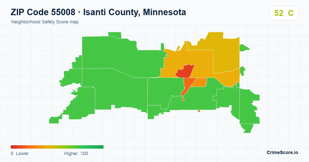 ZIP Code 55008 in Isanti County, Minnesota neighborhood Safety Score map